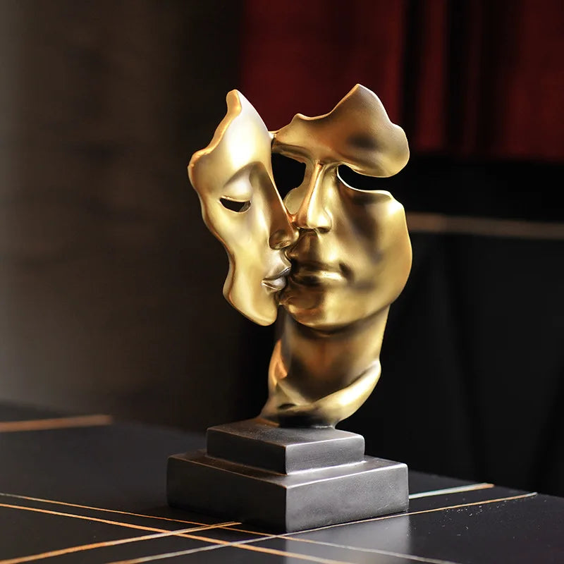 Golden Face Mask Sculpture: Modern Resin Figures for Living Room, Desk, and Office Decor