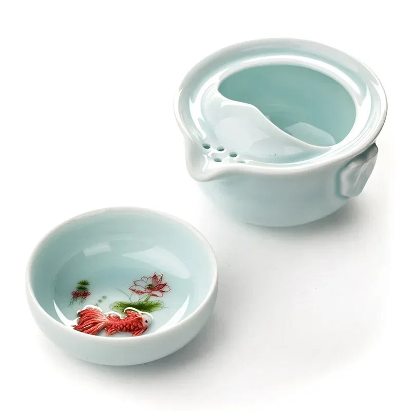 Celadon 3D Karpfen Kung Fu Tee -Set enthalten 1 Teapot 1 Teetasse Gongfu Tee Sets Tassen und Becher Kaffee Teetassen Gaiwan Tasse