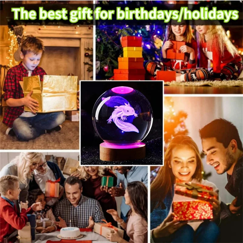 3d Axolotl láser grabado bola de cristal luz de color nocturna, novia de clase de clase esposa niños regalo de cumpleaños decoración del hogar