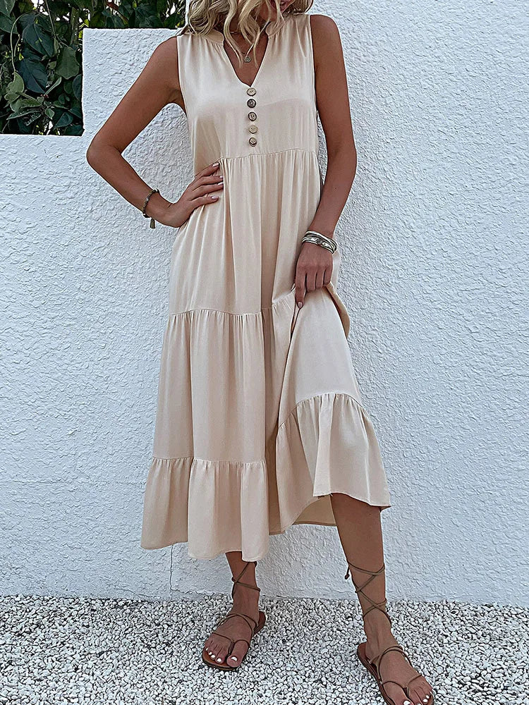 Casual Summer Midi Dress Women Sleeveless Tank V Neck Buttons Ruffle Loose Dresses Beach Soild Sundress Fashion