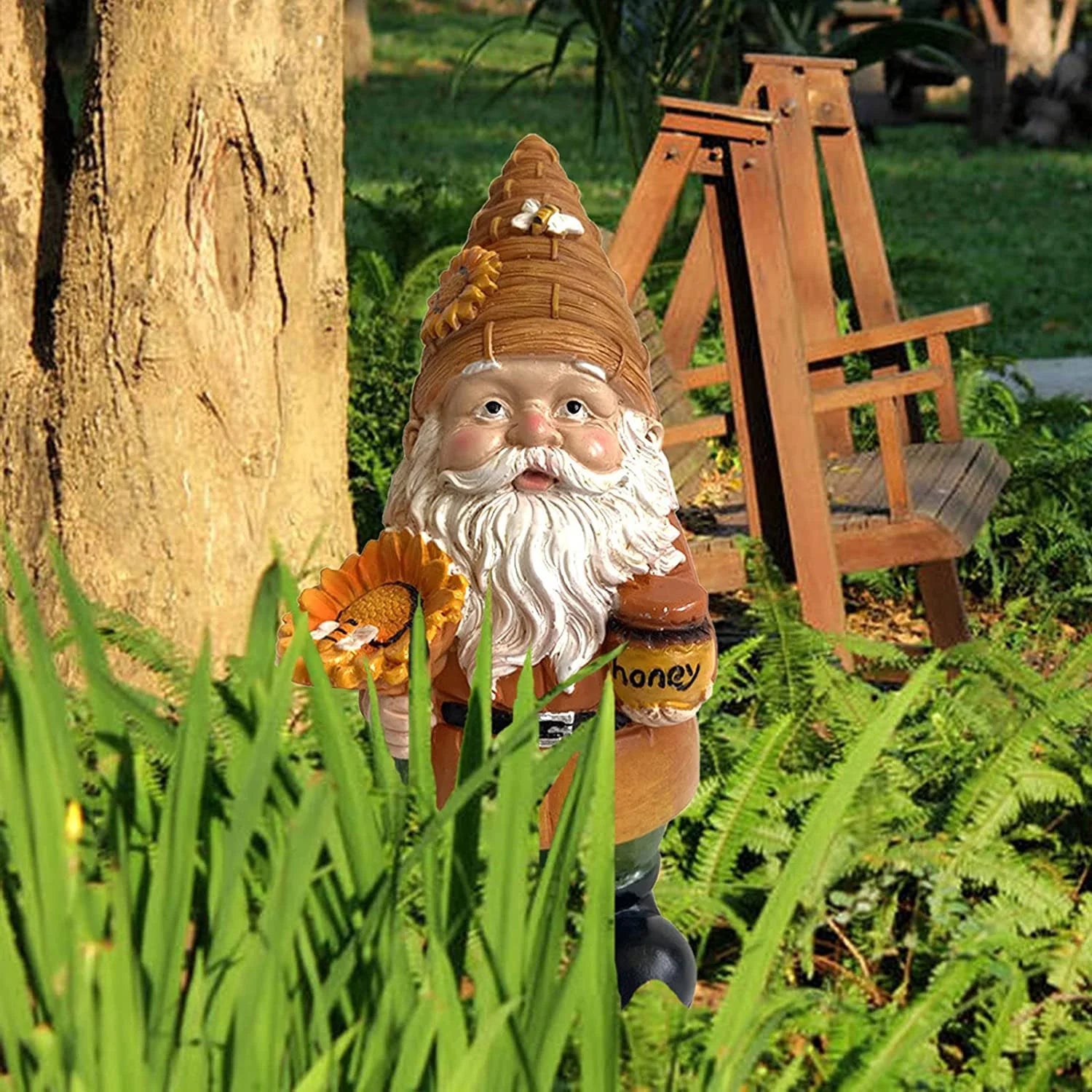 1pc Fat Man Sunflower Gnome Dwarf Garden Resin Patung Hiasan Perhiasan Luaran Beekeeper Craft