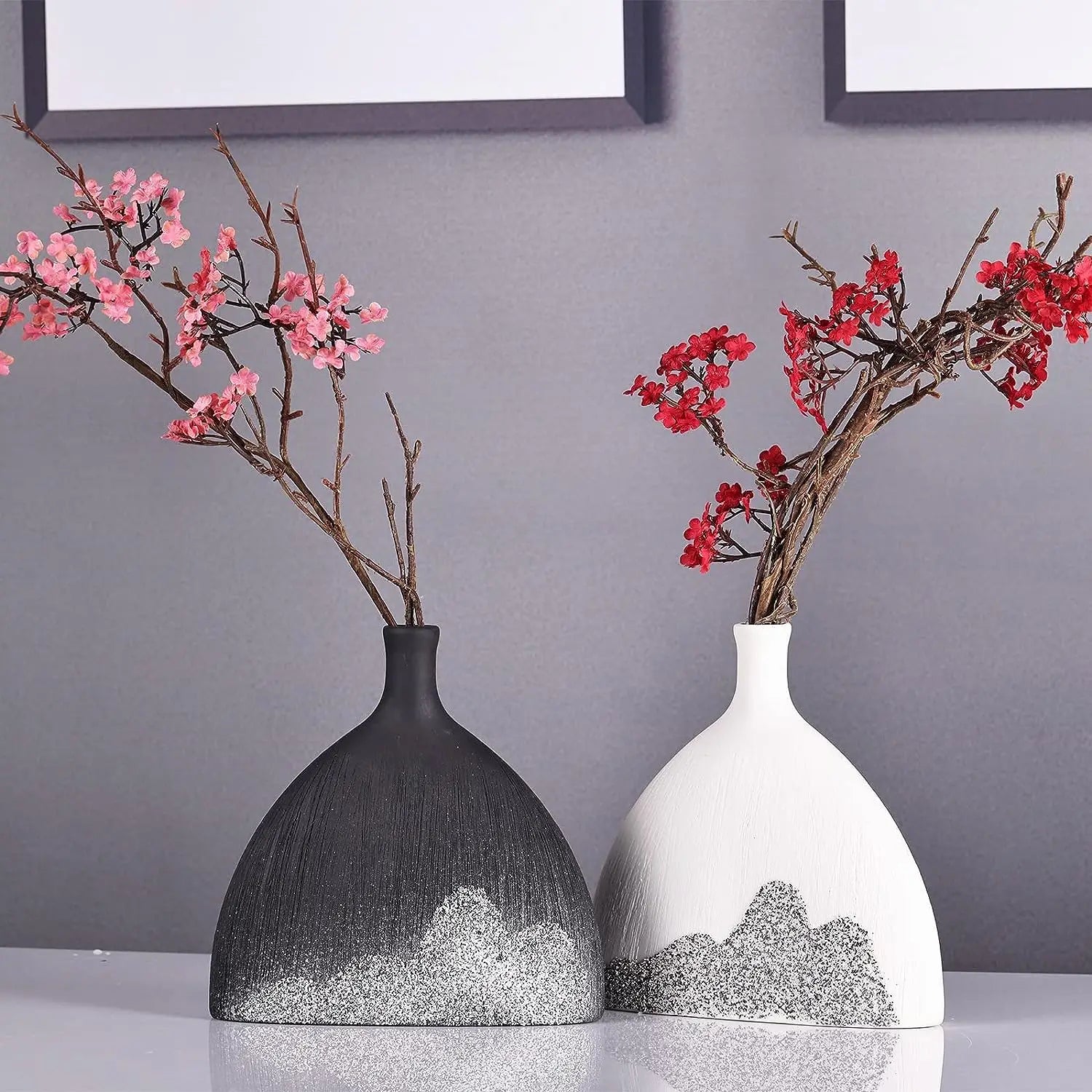 Zestaw 2 czarno -białych ceramicznych wazonów krajobraz wazon wazon skandynawski
