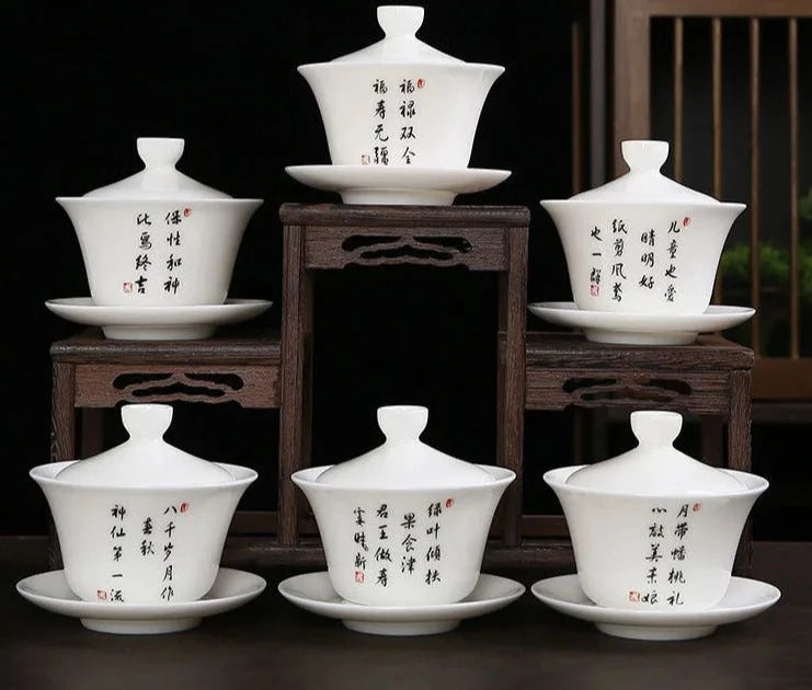 165 ml Mutton Fat Jade White Porcelain Tea Tureen Chinese Longevity Peach Cover Bowl Stor tepillverkare Gaiwan Kung Fu Teaset Gifts