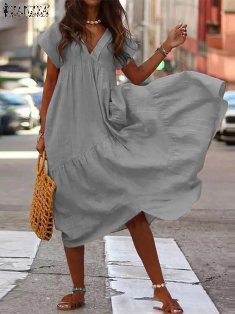 Bohemian Summer Womens Sundress ZANZEA Fashion V Neck Midi Vestidos Female Solid Ruffle Dresses Asymmetrical Robe
