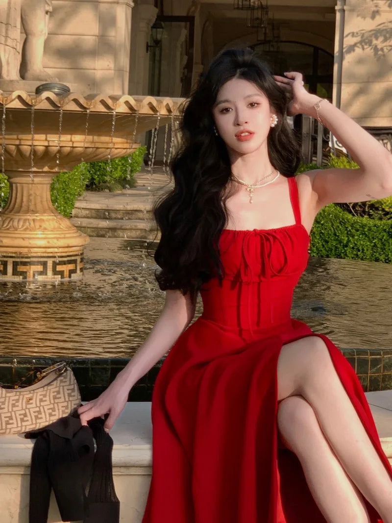 French Elegant White Strap Midi Dress 2023 Summer New Casual Evening Party Dress Women Beach Sleeveless Lace-up Red Dress Korean