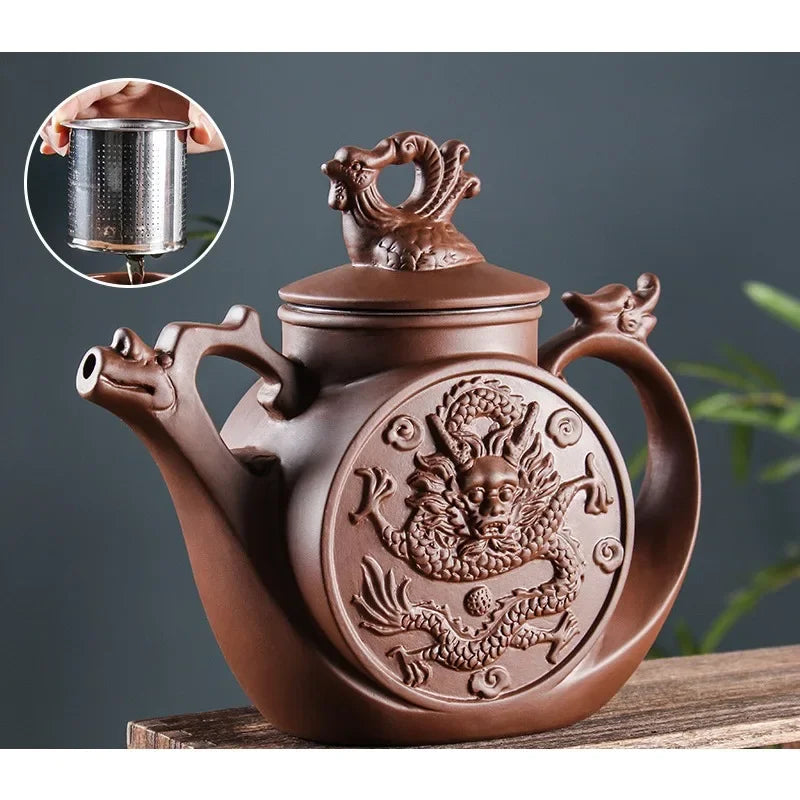 Yixing Purple Clay Pot Kapasiti Besar Zhu Ni Long Feng Tea Pot Stainless Steel Filter Tea Brewery Kung Fu Tea Set 700ml