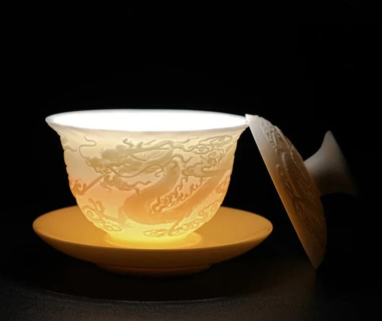 150 ml di porcellana in porcellana in porcellana giada galde ciotola del tè dargon con kit coperchio piattino set tè tureen tè ​​cover ciotola ornamenti