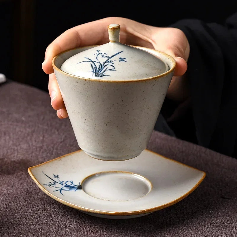 Porcellana gaiwan di erba orchidea e legno, ciotola a cerimonia singola dipinta a mano, forno cotto, set da tè kung fu, piccole dimensioni, retrò