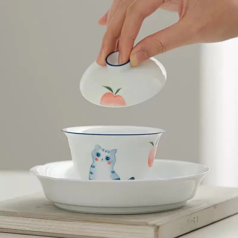 Hand Painted Cat Tureen Single Ceramic Gaiwan Tureen Household Tea Brewing Bowl White Porcelain Kung Fu Tea Set Gaiwan Set