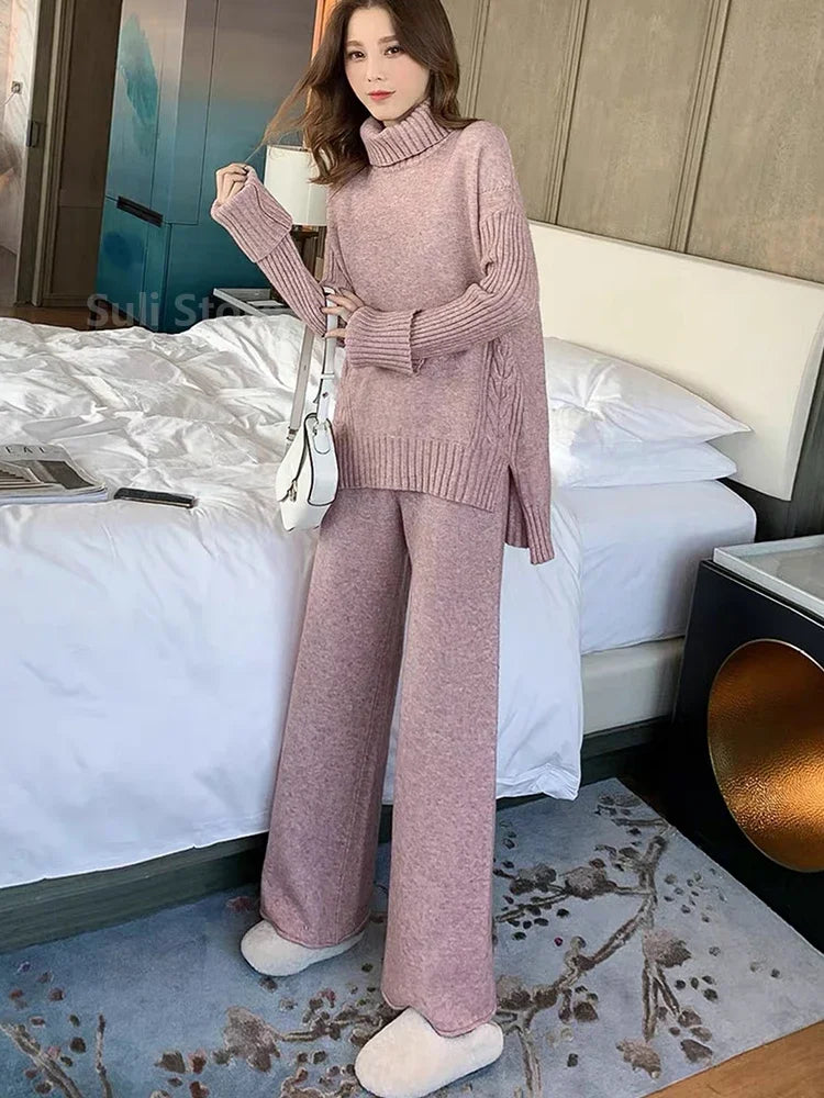 Sweater Set Warm suit for Women Winter Knitted Suits 2 Piece Set Soild Turtleneck Sweater + Loose Trousers Office Lady Suit