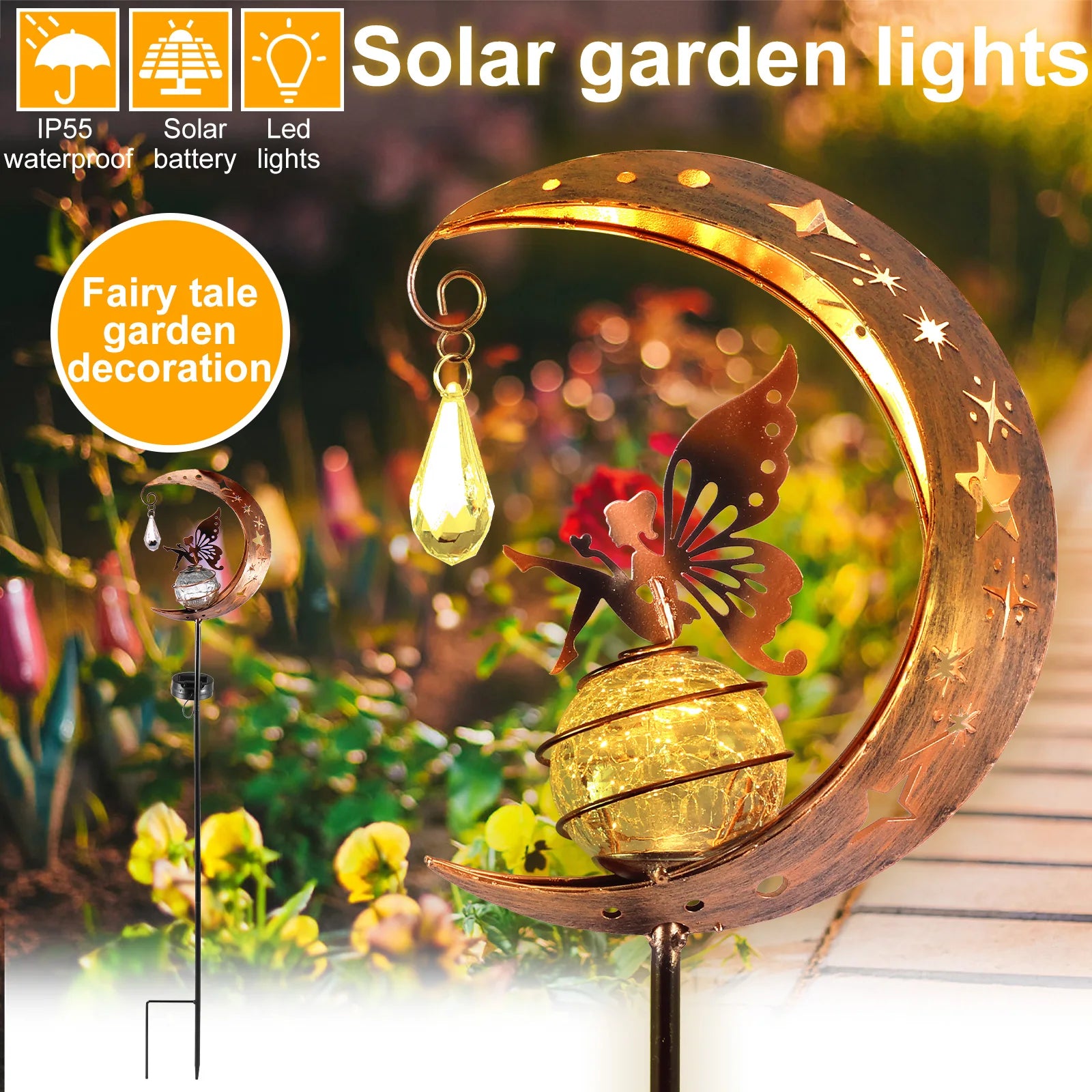 Fairy Moon Solar Işık Çim Dış Mekan Süslemesi Yaratıcı Dekoratif Demir İkili Çatlak Top lamba açısı Art Led Bahçe Dekoru