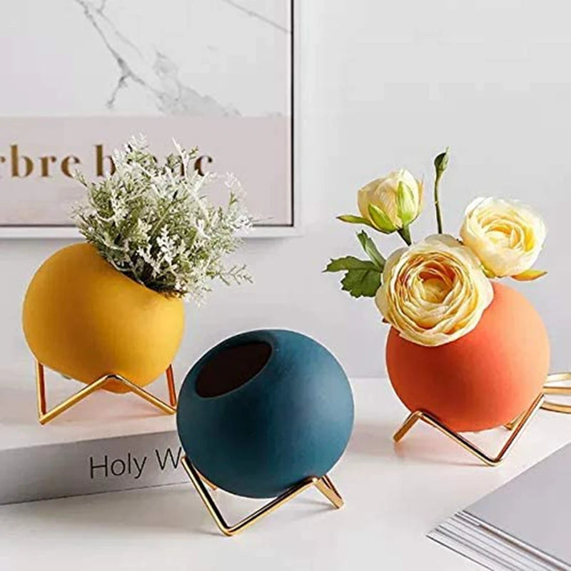 Küçük çiçek vazo seti 3, oturma odası için modern seramik vazo, sahte çiçekler için sarı mavi turuncu yuvarlak vazo