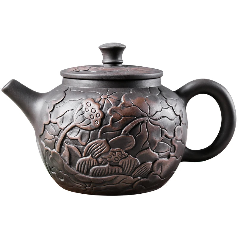 Yixing Teh Pot Potple Clay Teapots Kecantikan Kettle Black Mud Tangan Tangan Diukir Lotus Ilustrasi Pot Rumah Teh Buatan Teh Teh