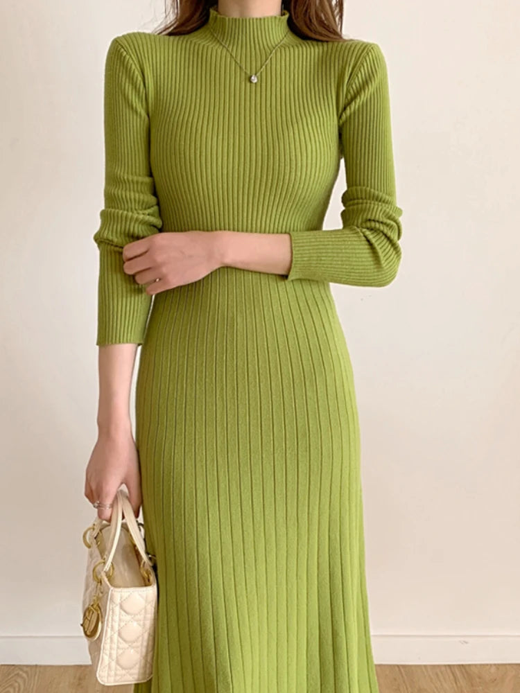 Autumn Winter 2023 Slim Long Sleeve Party Midi Dress for Women Knitted Half High Collar Elegant Knitted Sweater Dresses Ladies