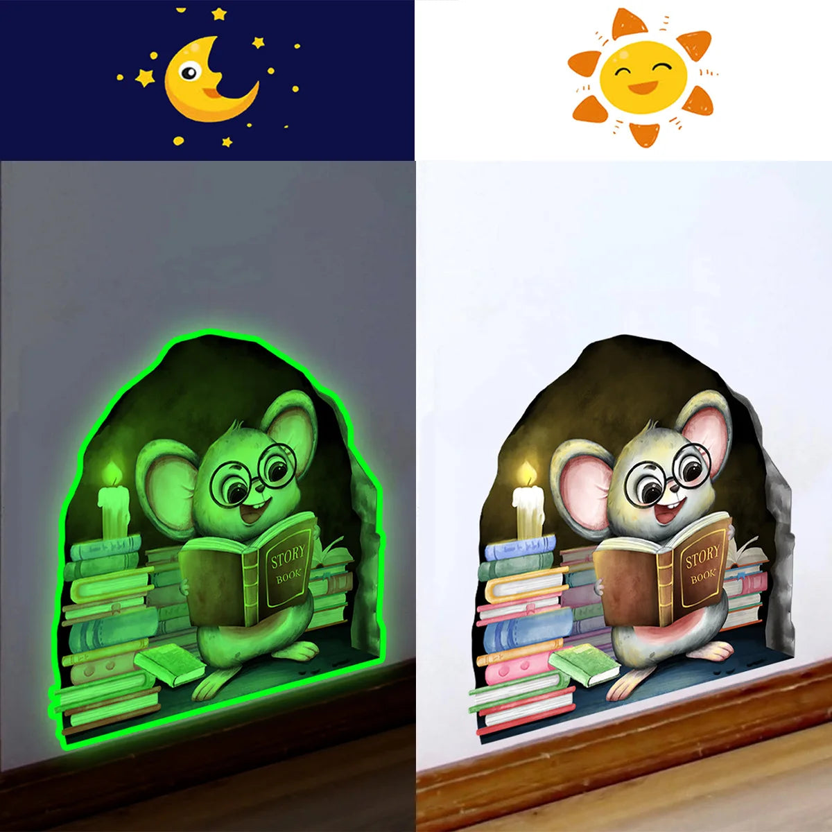 Adesivi per pareti luminosi del buco del topo cartone animato per soggiorno per bambini decorazioni per la casa spenfuggine bagliore negli adesivi del topo scuro