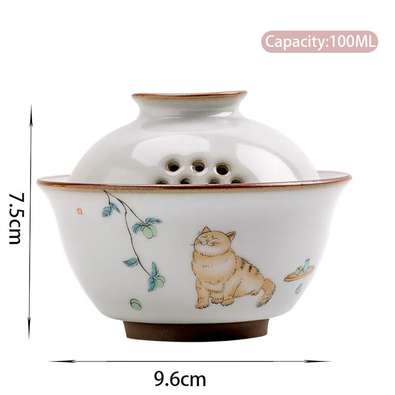 Retro Ru Kiln Ceramic Gaiwan Cute Cat Pattern Filter Teacup Travel Portable Tea Bowl Chinese Handmade Home Tea Set 100ml