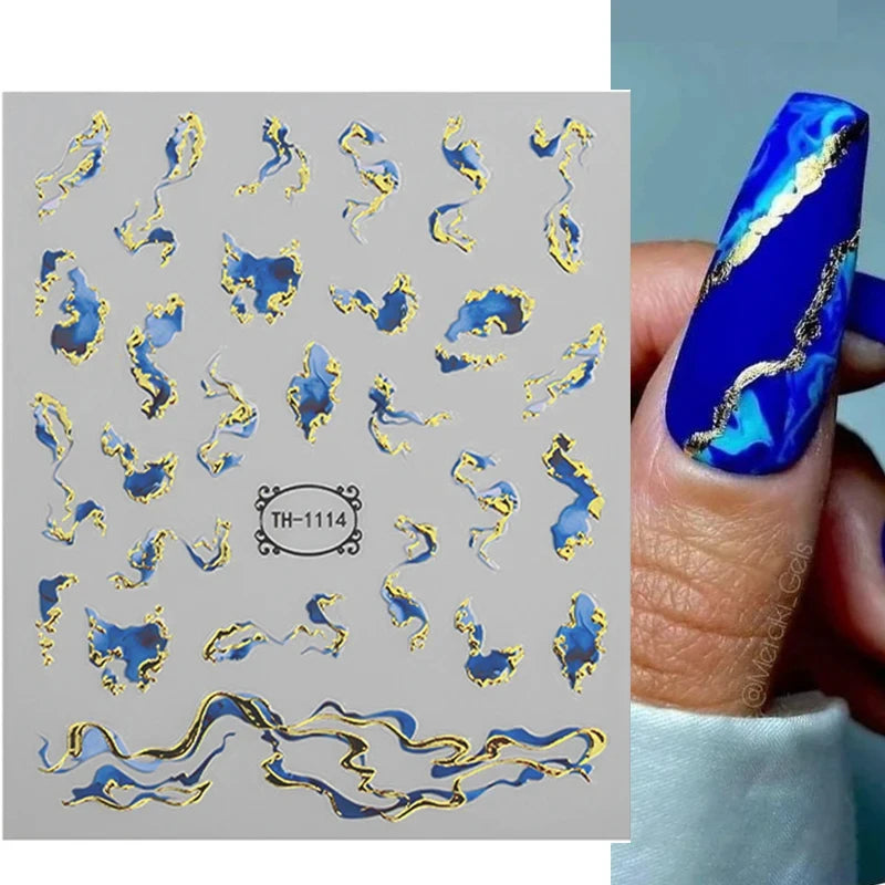 3D Marble Blue Golden Nail Sticker Wave Line Geometry Abstract Ink Blooming Nail Art Sliders Decals Manicure Decorations