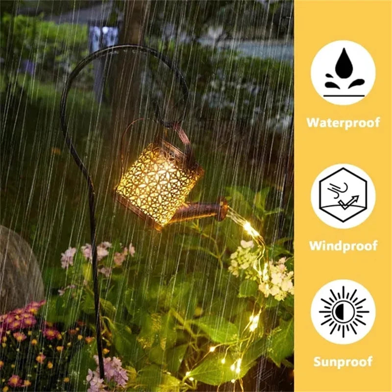 Lámpara de ducha de estrella de hierro forjado hueco lata de agua solar puede decoración de jardín de hadas ducha y decoraciones de patio de césped de luz