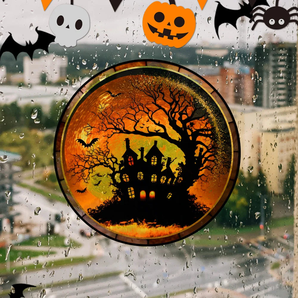 Halloween befleckte farbenfrohe Horror Castle Katze statische PVC -Fensterglasaufkleber Kleber kostenlos dekorative Filmparty Home Dekoration