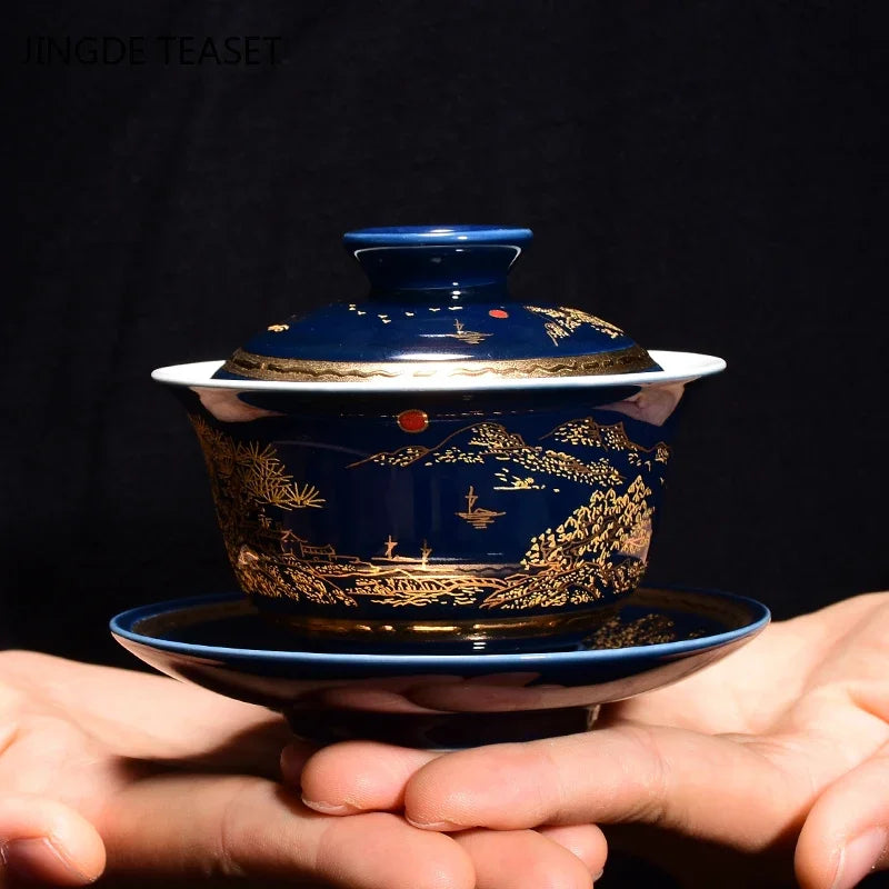 Luxueuse tasse de thé en céramique gaiwan à la main the tureen bol chinois en porcelaine bleu et blanc accessoires de civil