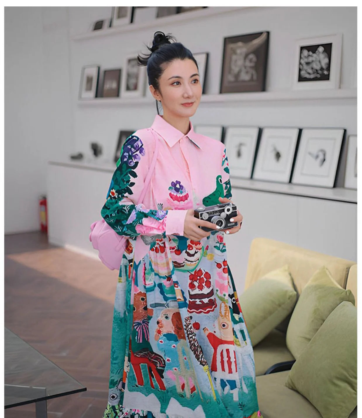 Women Casual Midi Shirt Dress Long Sleeve New Comings Fashion Design Cartoon Print Lady Streetwear Flower Vestidos Large Size