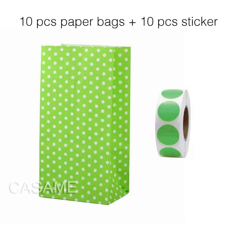 10 pc's zakken en sticker staan ​​op kleurrijke vaste streep polka dot tassen 18x9x6cm voorkeur cadeauverpakking traktatie tas bruiloft verjaardag