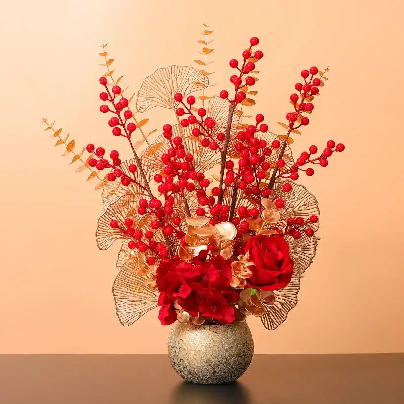 Gefälschte rote Fortune -Obst -Keramik -Vase -Set Accessoires Kunst Neujahr Hochzeit Eröffnung Ornamente Home Wohnzimmer Einrichtung Dekoration