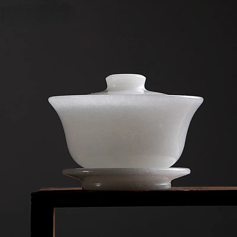 Přírodní nefrity Gaiwan Health Gongfu Teaware Originální čínská jades Stone Bowl Cover Táka