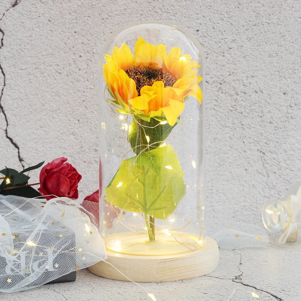 Künstliche unsterbliche Blume Die Schönheit und das Biest Sonnenblumenglas Dome Muttertag Weihnachtsgeschenk für Hochzeitsdekoration