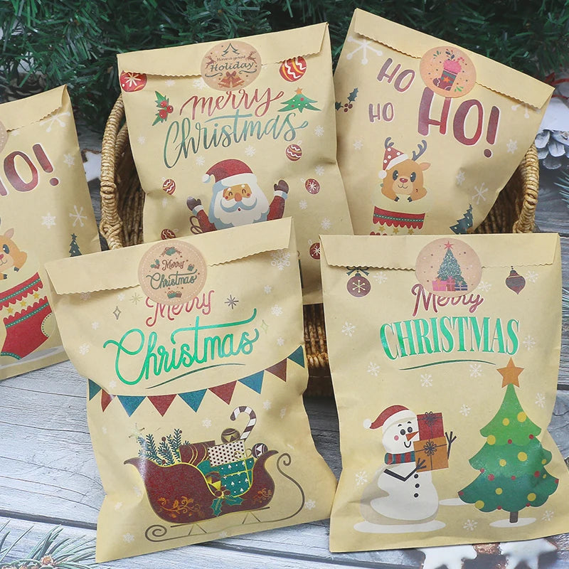 24Set Christmas Gift Bag Kraft Paper Poss Santa Claus Snowman Xmas Party Candy Bag Cookie Xmas Packaging Bag Pouch Wrapping