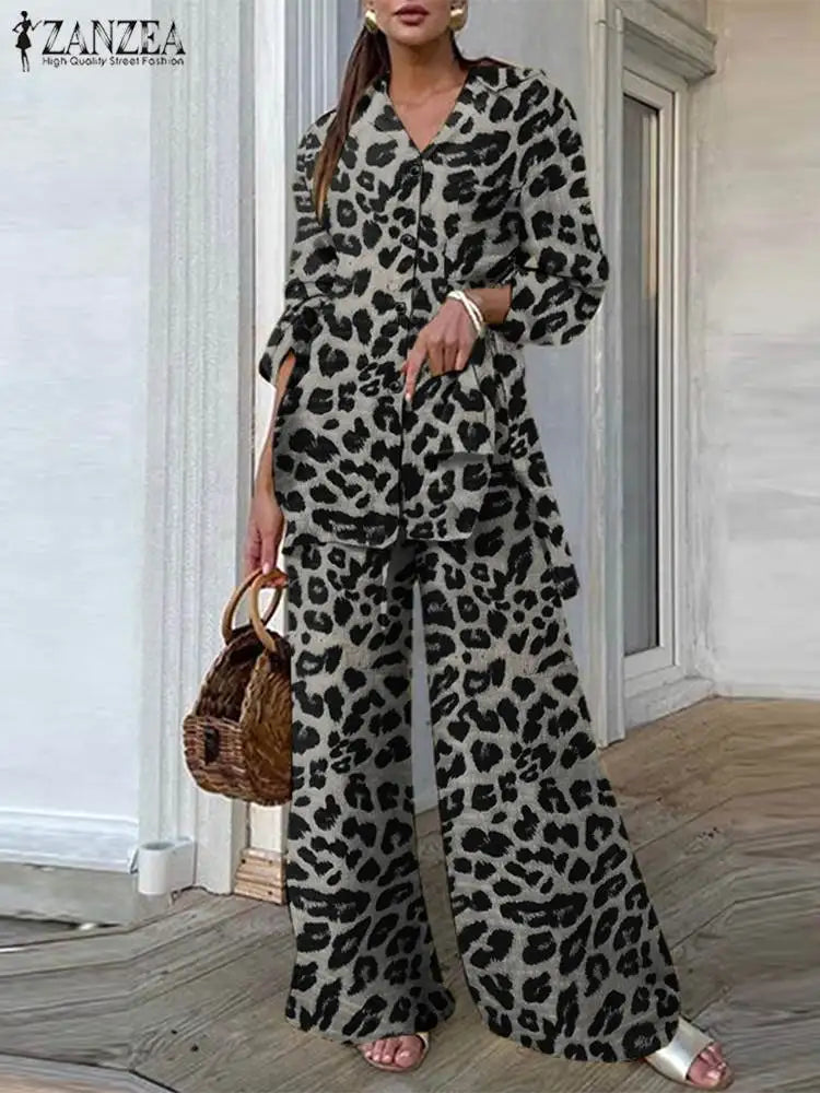 Fashion Women Leopard Print Pant Sets ZANZEA Casual Loose Tops and Pant Outfits 2023 Autumn Wide Leg Pant Leisure Two Piece Sets