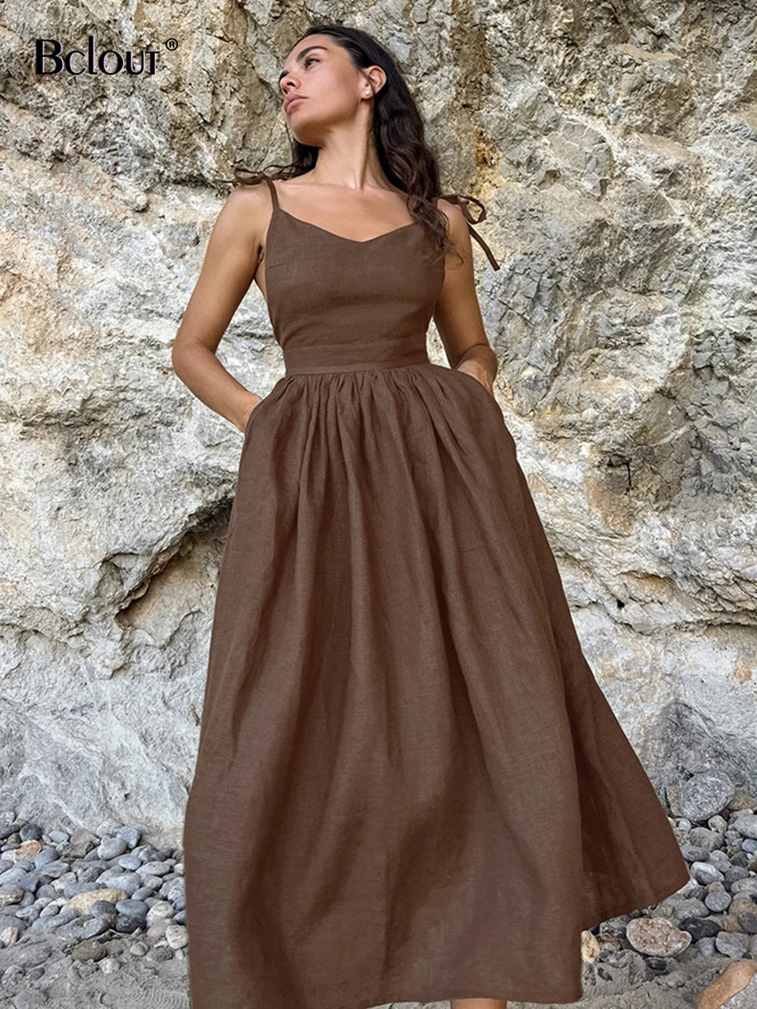 Bclout Fashion Brown Linen Long Dress Women 2024 Elegant Lace-Up Pockets A-Line Dresses Summer Sexy Backless Party Pleated Dress