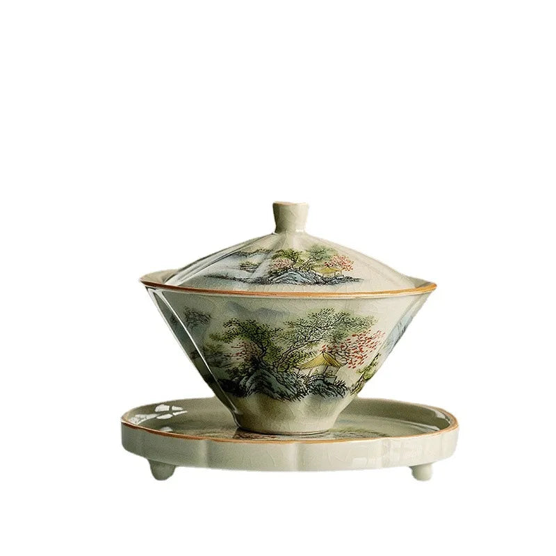 Jingdezhen-Ceramic Tea Cup with Bamboo Hat, Traditional Handmade Tea Ware, Single Bowl, Kung Fu Tea with Lid, Sancai Gaiwan