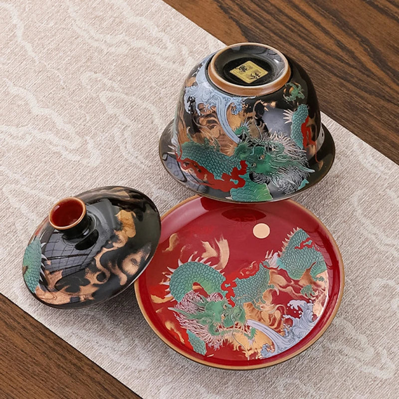 Mangkuk teh enamel dengan tudung tiga cai gaiwan cawan teh seramik yang indah