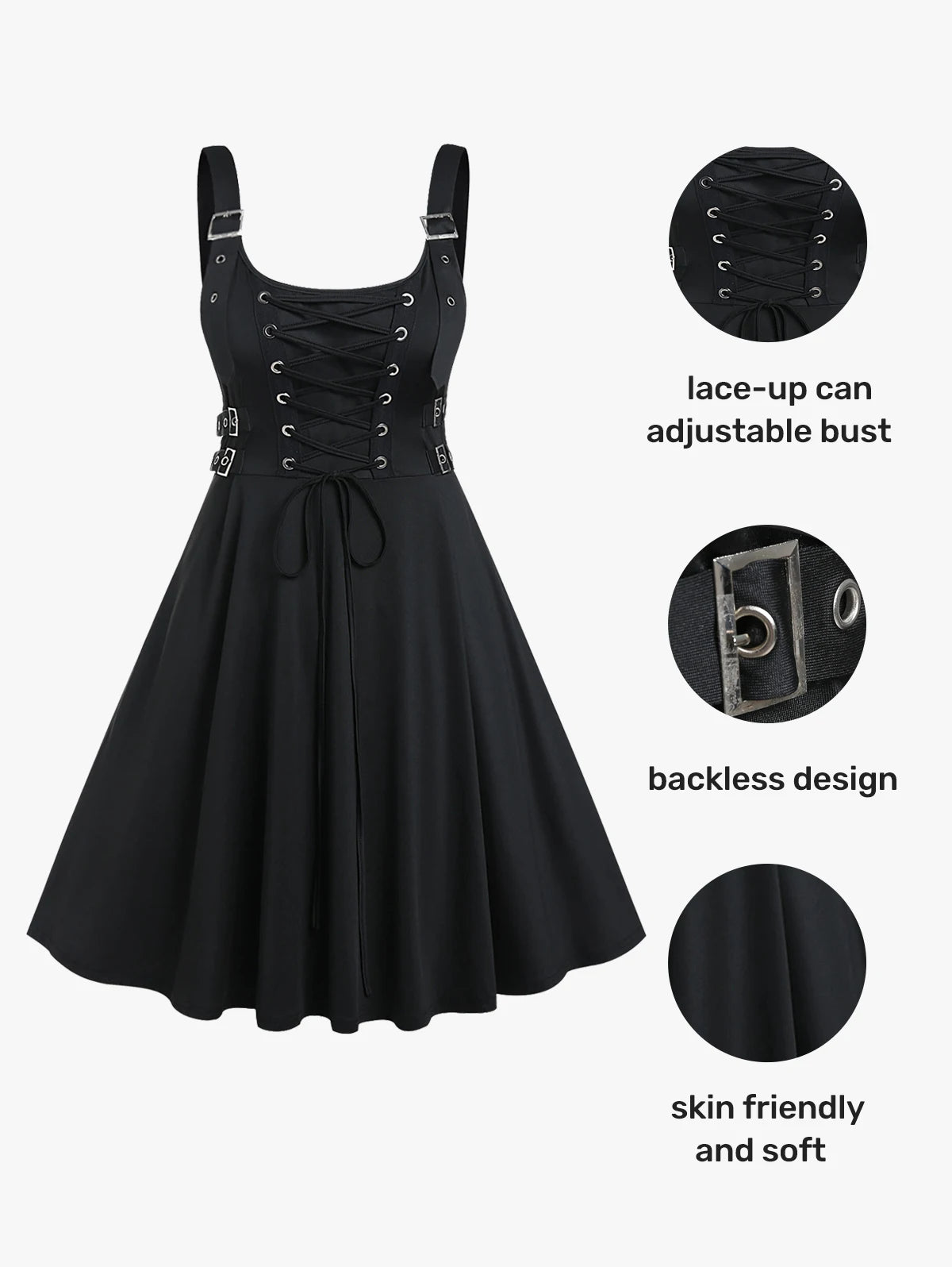 ROSEGAL Plus Size Gothic Buckled Lace Up Midi Dress High Waist Sweetheart Neck Asymmetrical Half Zip Sleeveless Party Punk Dress
