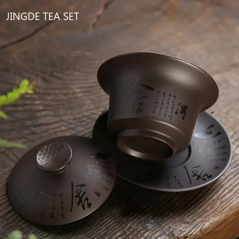 180ml vintage ungu tanah liat gaiwan cina teh buatan tangan teh rumah tangga keindahan teh infuser cangkir teh portabel khusus dengan tutupnya