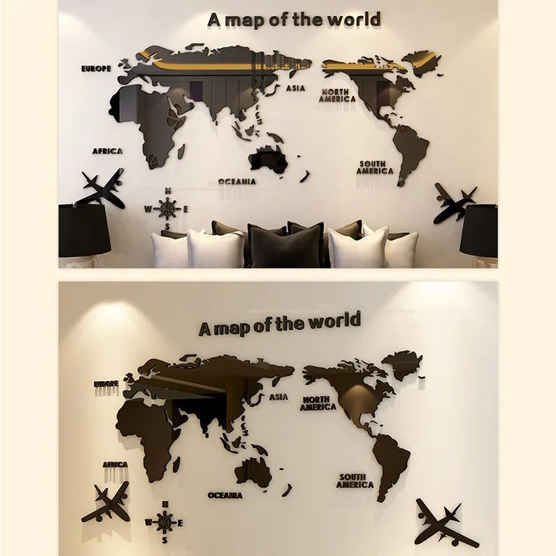 Världskartvägg 3D akrylvägg klistermärken tredimensionell spegel klistermärken sovrum kontor bakgrund vägg dekoration klistermärken