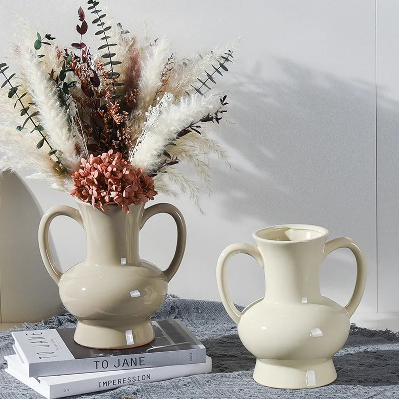 Nordic Ins Ceramic Double Ear Large Vase Ornaments Living Room Porch Desktop Flower Arrangement Vase Home Decoration Accessories