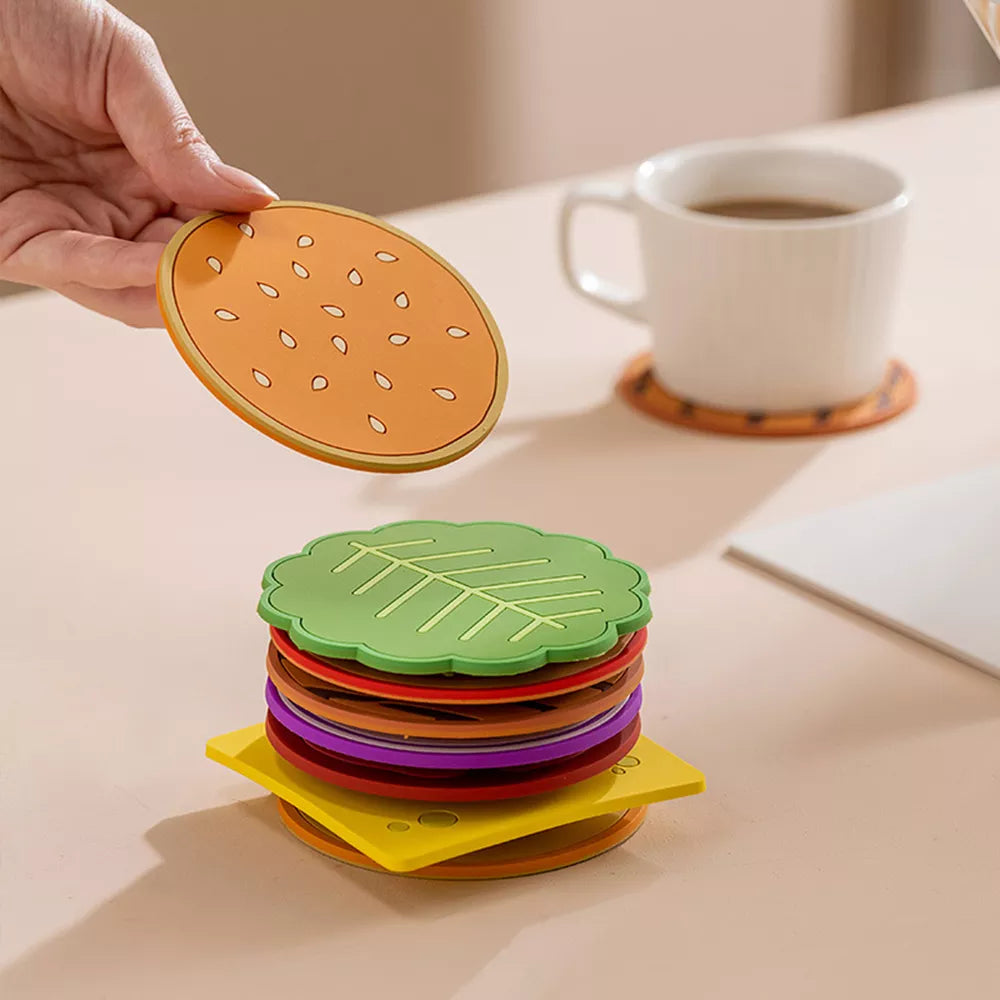8pcs/set burger shape coaster creative cawan kreatif penebat silikon tikar pemegang dapur dapur bar hiasan meja kanak -kanak