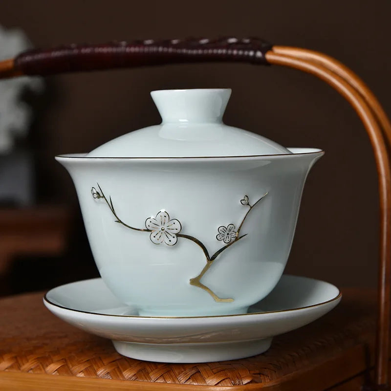 Pote de xícara de chá de xícara de chá de gaiwan em chinês com tampa com tampa de chá de porcelana de cerâmica Treureen porcelana xícara de chá com teaware de chá dourado conjunto