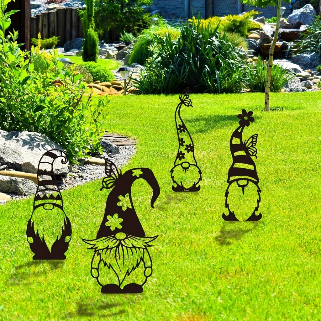 1pc/4pcs Gnomes Garden Decorations for Yard, Garden Stakes Decorative, Garden Gnomes, Hollow Out Silhouette Metal Garden Decor