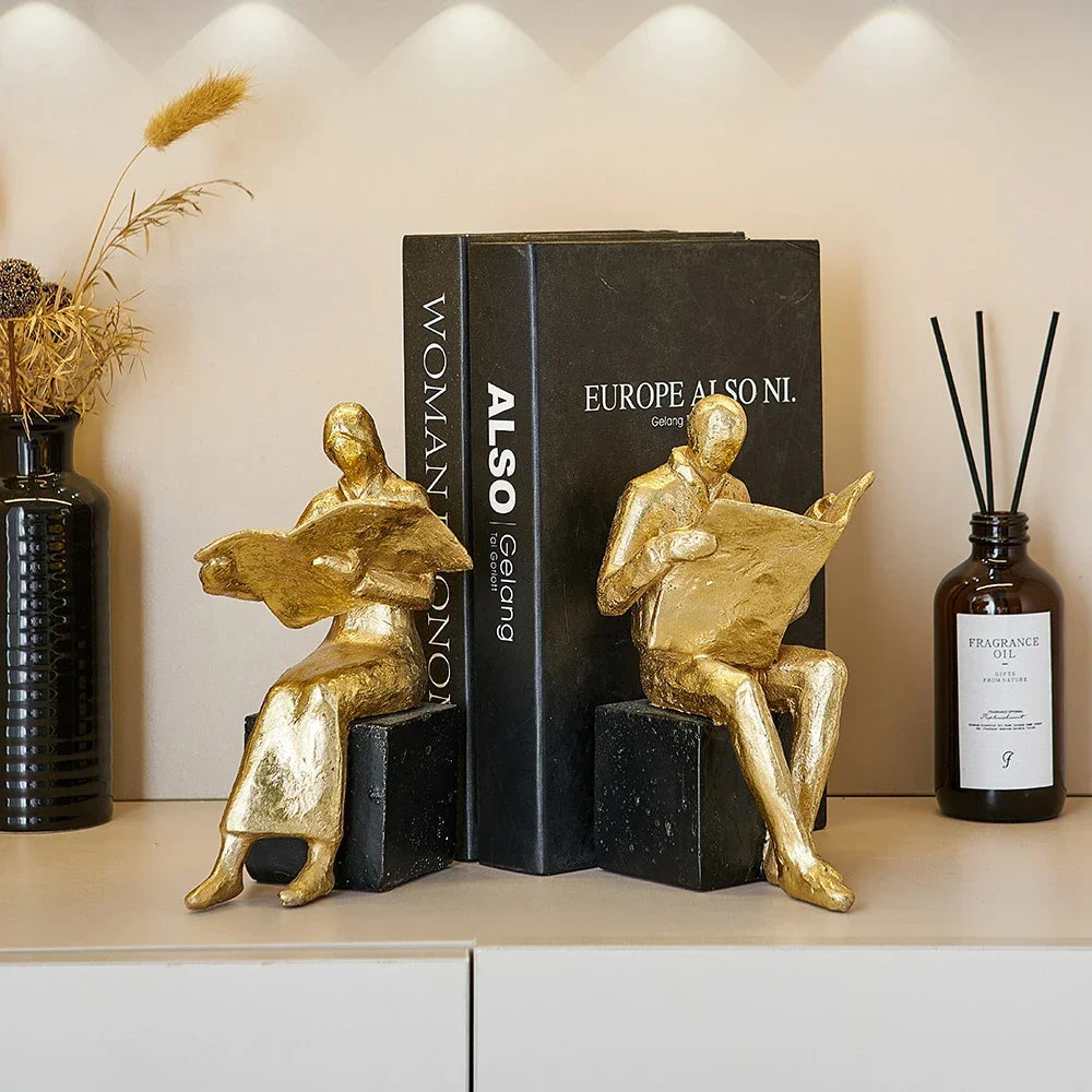 Golden Reading Sculpture Home Decor Esthetic Study Bookcase Ornament Simple Book End Harts Miniatures Crafts Office Accessories
