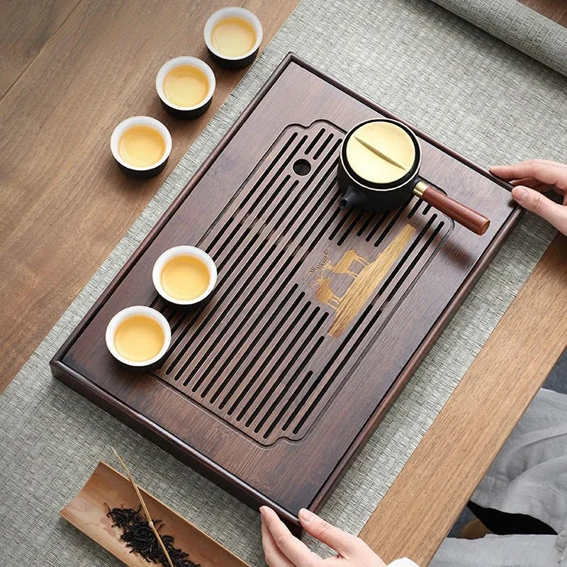 Chinese Style Natural Bamboo Tea Tray Rectangle Drainage Water Storage Trays Household Drawer Tea Board Tea Set Decor Accessorie