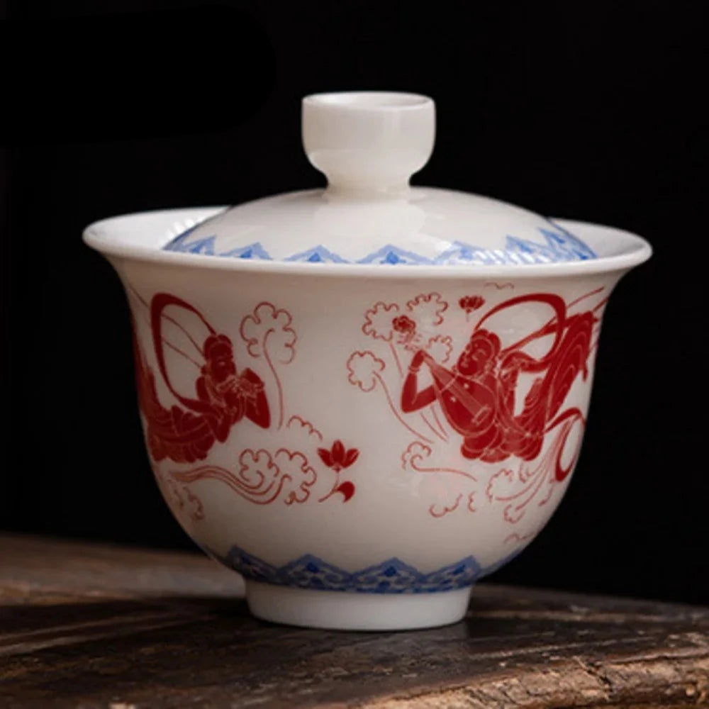 150 ml blå och vita Buddha Gaiwan Boutique Tea Bowl Hand Gripskål TEureen Tea Maker Cover Bowl Chinese Tea Set Ornament