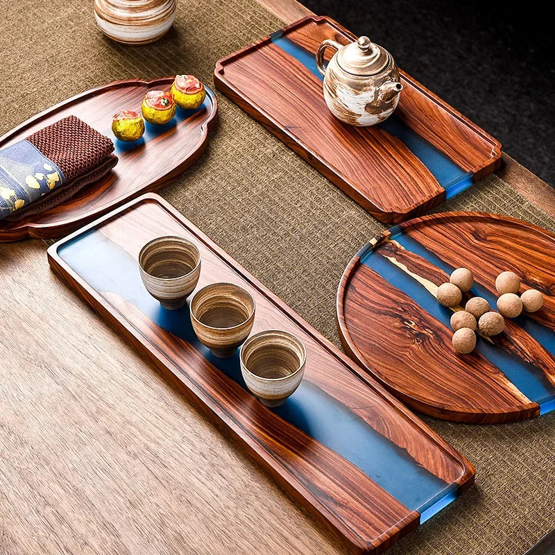 صينية شاي خشبية عالية الجودة من راتنجات الإيبوكسي طاولة شاي كلاسيكية منزلية صغيرة جافة صينية فقاعات صينية للوجبات الخفيفة