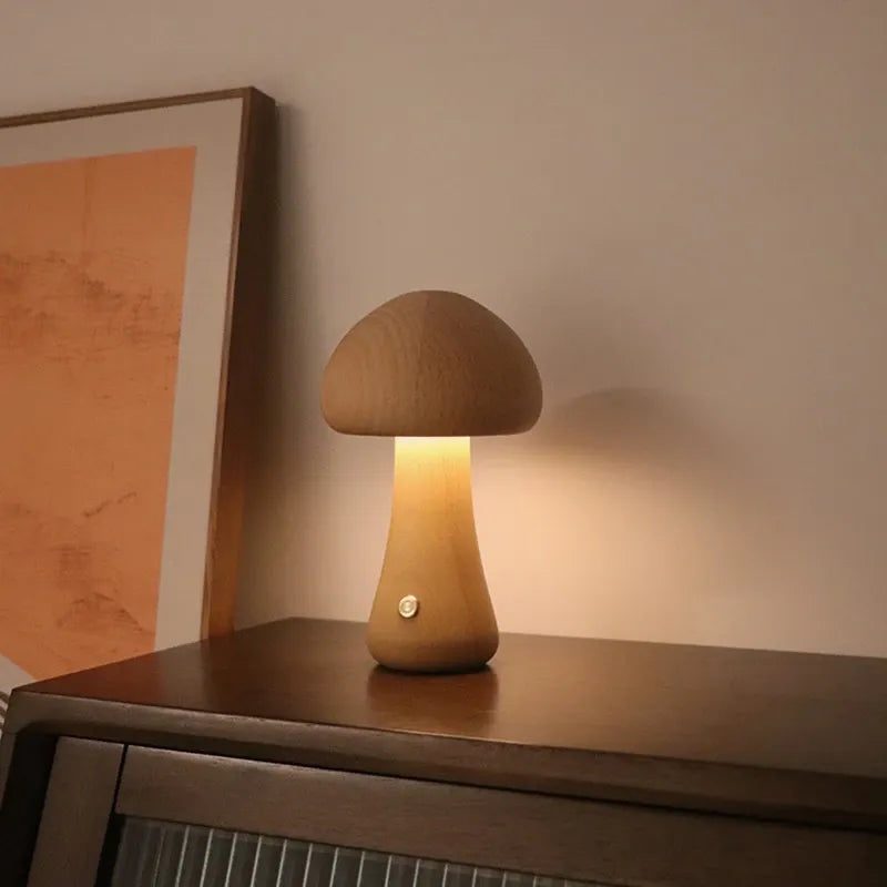 Söpö sieni LED Night Light Wooden Bedside -pöytävalaisin, jolla on kosketuskytkin huoneen sisustus korkean tason ympäristövalo lamppu