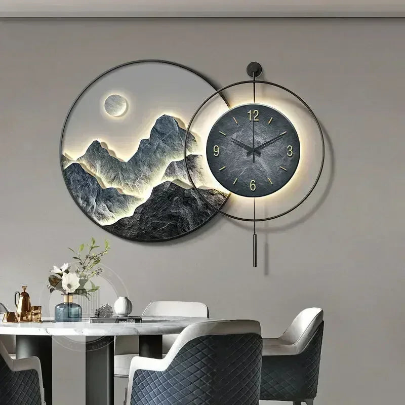 Pintura decorativa com relógio de volta, pintura pendurada, pintura de paisagem da sala de estar sofisticada, mural de luxo leve de luxo sofisticado