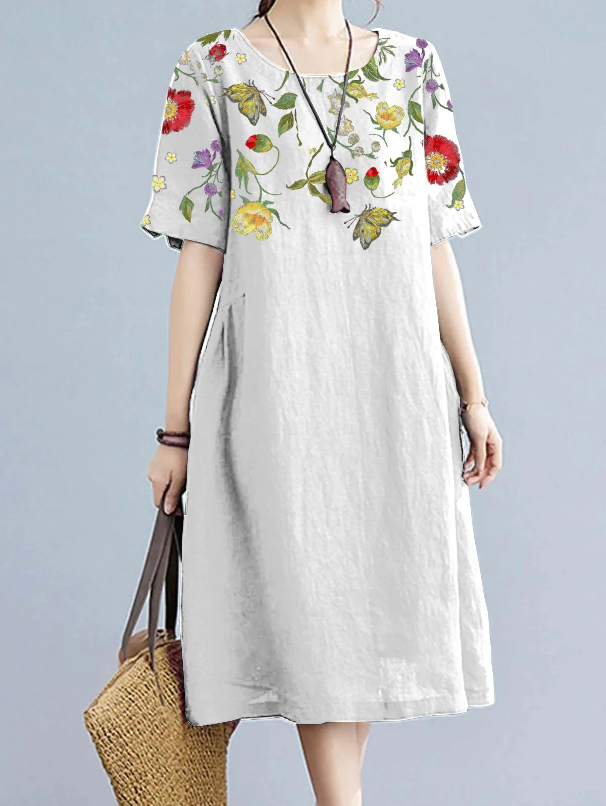 Fashion Women Floral Print Dress Summer Short Sleeve Midi Dress Vestidos 2023 Elegant Casual Loose Dress Woman's Clothing