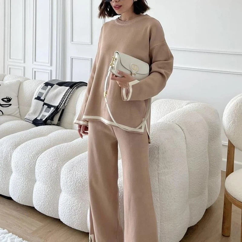 2023 Autumn Winter O-neck Long Sleeve Side Slit Pullover Sweater+high Waist Wide Leg Pants Two Piece Set Women Casual Tracksuit