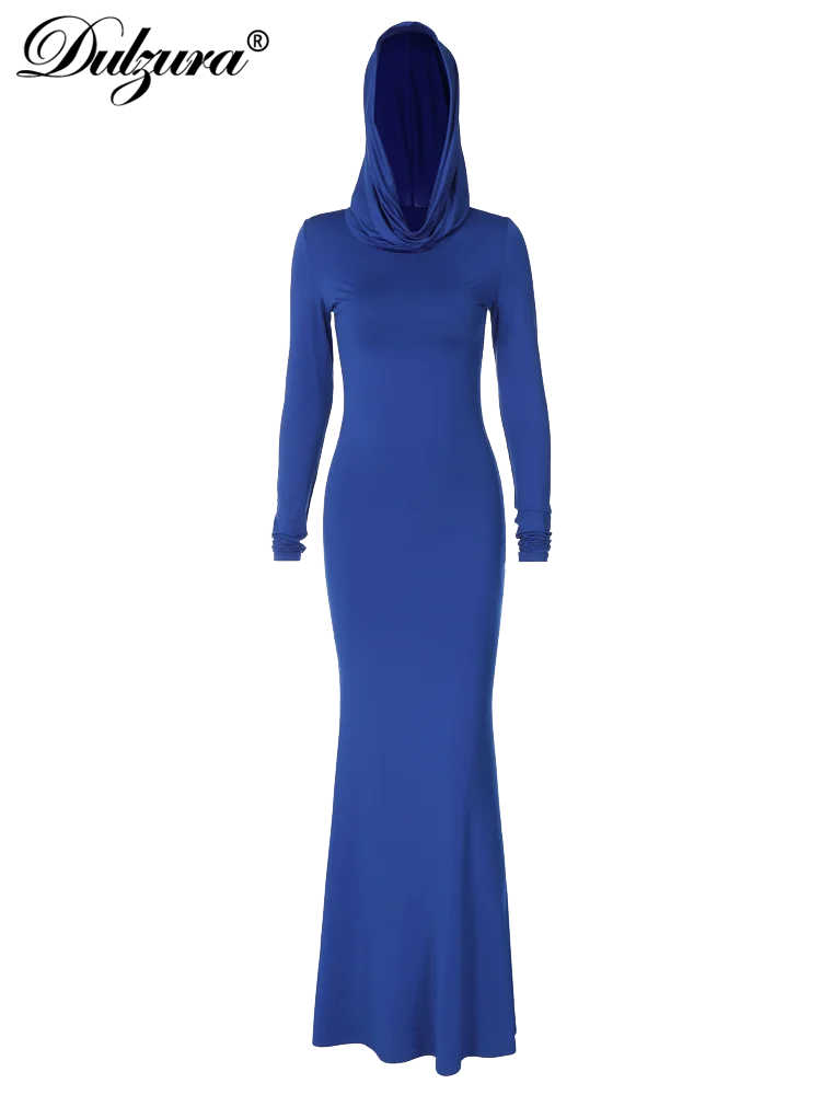 Dulzura Solid Pure Color Hooded Long Sleeves Maxi Dress Wholesale Birthday Party Clubwear 2023 Summer Autumn For Women Bodycon